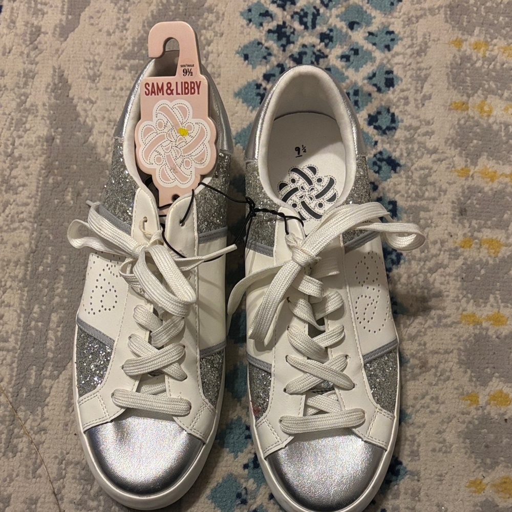 Sam & Libby White and Silver Glitter Lace-Up Fashion Sneakers NWT